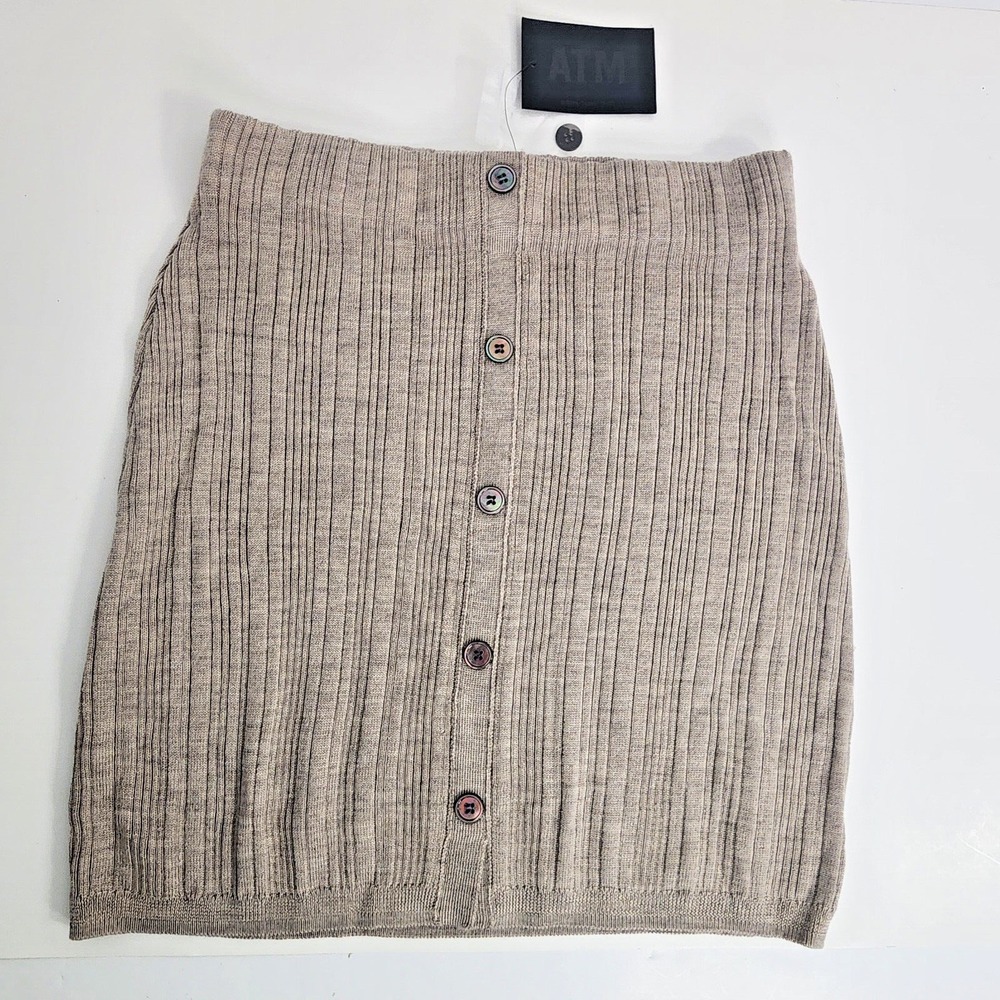 ATM Anthony Thomas Melillo Ribbed Merino Wool Button Front Mini Skirt Beige S P